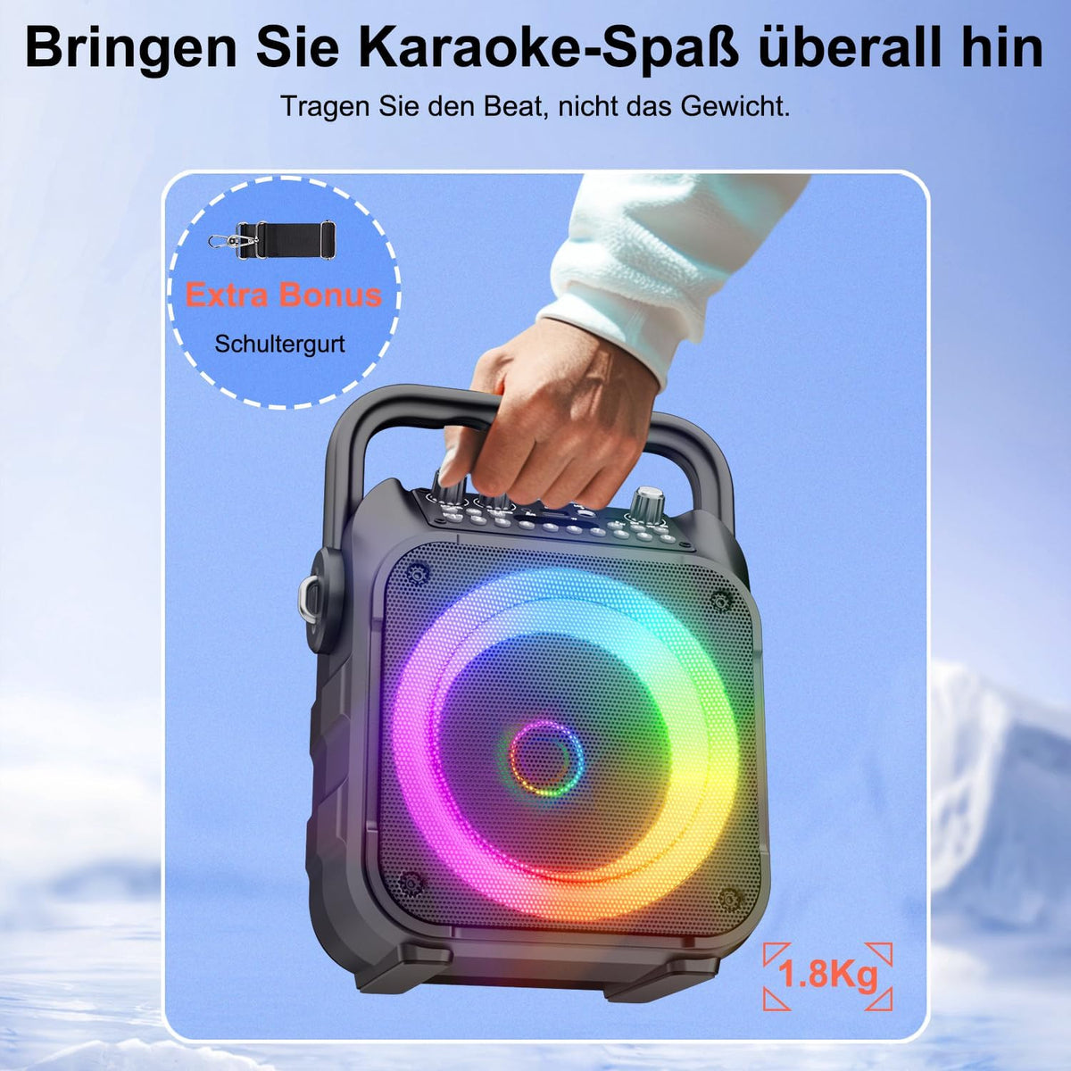 Tragbare Karaoke Maschine mit 2 Kabellosen Mikrofonen & LED – Bluetooth Lautsprecher schwarz