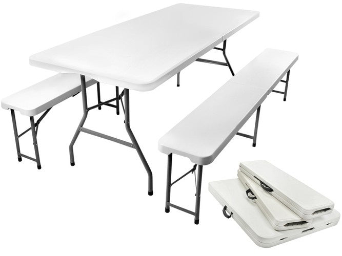 Klappbarer Gartentisch 180cm mit 2 Bänken Festzeltgarnitur Camping Gartenmöbel