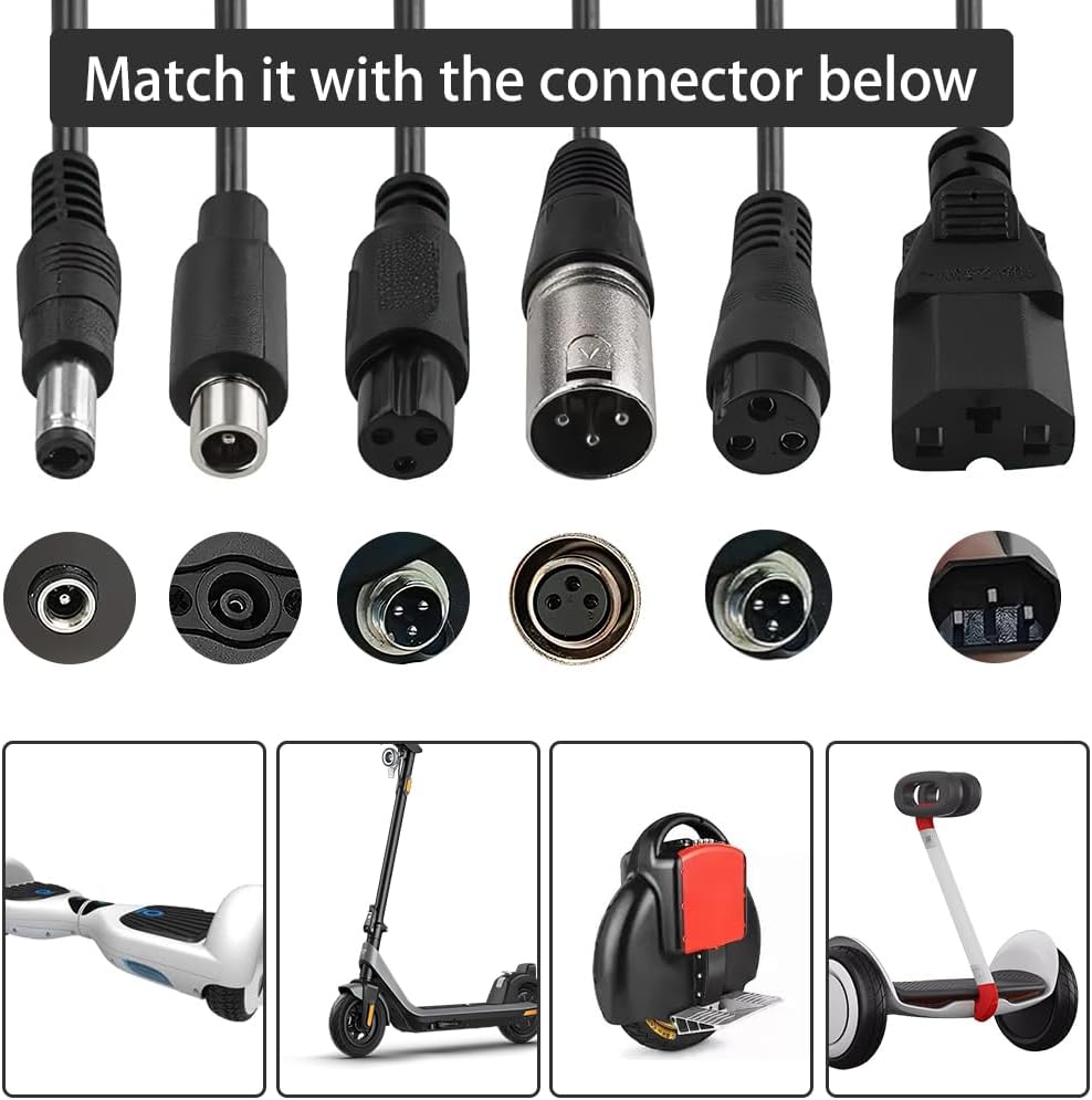 Ladegeräte für Scooter, 42V 2A Hoverboard Ladekabel mit 6 Anschlüssen, E Scooter Ladegerät, Kompatibel mit Ninebot, Xiaomi M365, M365 Pro, Pro2, Mi 3 und Mehr Scooter/Hoverboard/Fahrrad