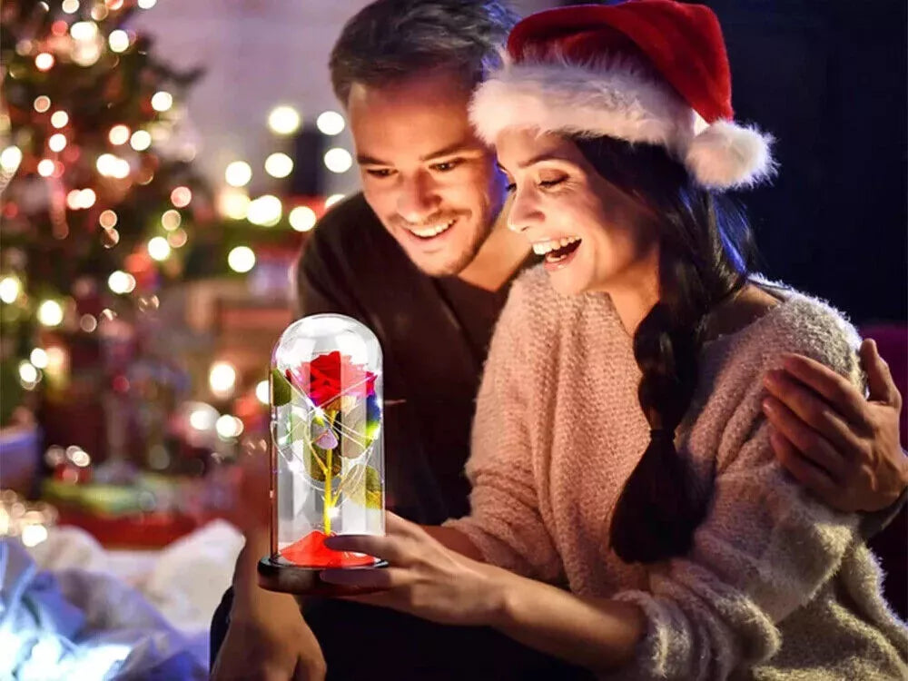 LED Ewige Rose im Glas Rot mit Holzsockel – Romantisches Geschenk für Valentinstag, Geburtstag und Muttertag