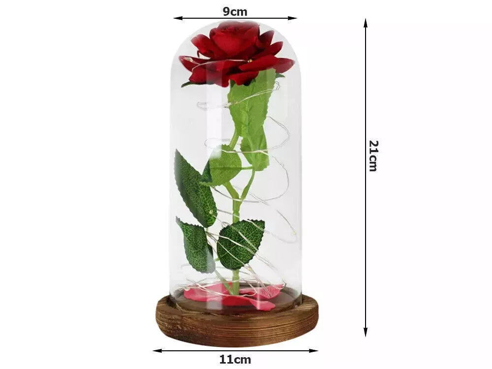 LED Ewige Rose im Glas Rot mit Holzsockel – Romantisches Geschenk für Valentinstag, Geburtstag und Muttertag