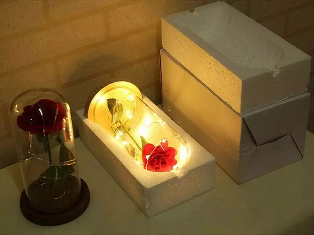 LED Ewige Rose im Glas Rot mit Holzsockel – Romantisches Geschenk für Valentinstag, Geburtstag und Muttertag