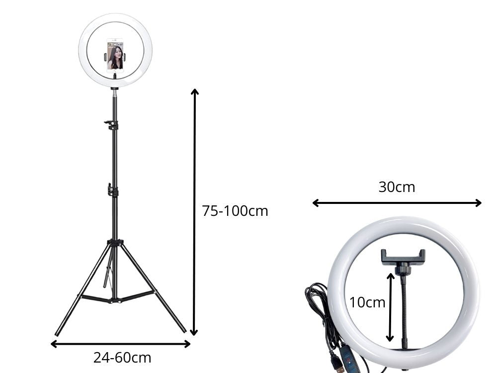 LED Ringlicht 12 Zoll (30 cm) mit Stativ und Handyhalter – Dimmbares Ringlicht mit 3 Lichtfarben für Foto, Video und Livestream
