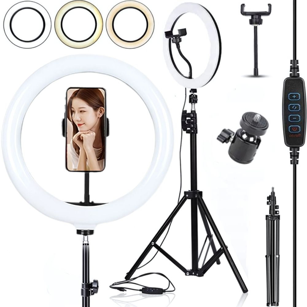 LED Ringlicht 12 Zoll (30 cm) mit Stativ und Handyhalter – Dimmbares Ringlicht mit 3 Lichtfarben für Foto, Video und Livestream