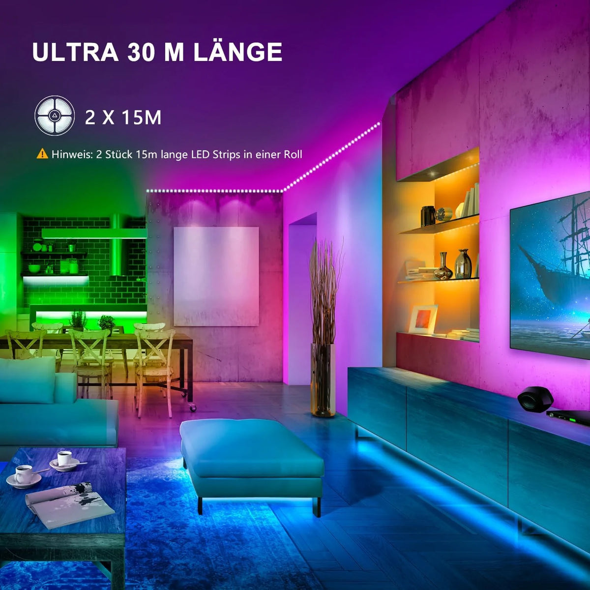 LED Strip 30 m RGB mit Bluetooth, App & Fernbedienung – Musik Sync LED Band für Schlafzimmer und Zuhause