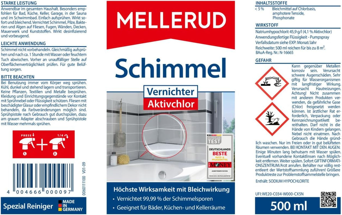 MELLERUD Schimmel Vernichter Aktivchlor 0,5 l – Effektives Anti-Schimmel Spray für Bad, Küche & Keller, Entfernt Schimmelsporen, Pilze & Stockflecken