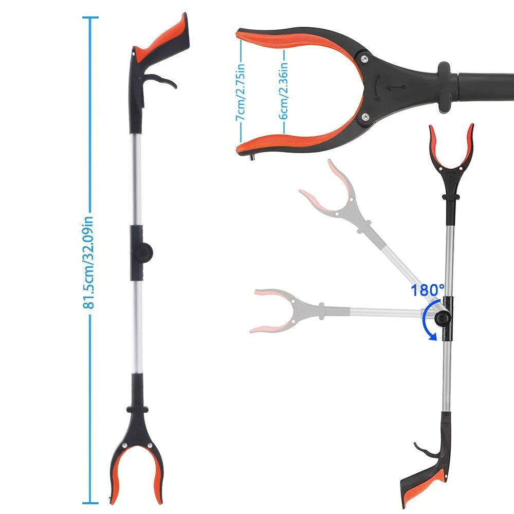 Greifzange mit Licht 80cm – Drehbare Faltbare Aluminium Müllzange mit Magnet, Ergonomische Greifhilfe für Senioren und Abfallsammlung - ORANGE