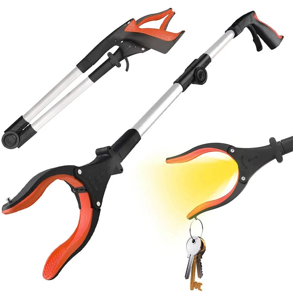 Greifzange mit Licht 80cm – Drehbare Faltbare Aluminium Müllzange mit Magnet, Ergonomische Greifhilfe für Senioren und Abfallsammlung - ORANGE