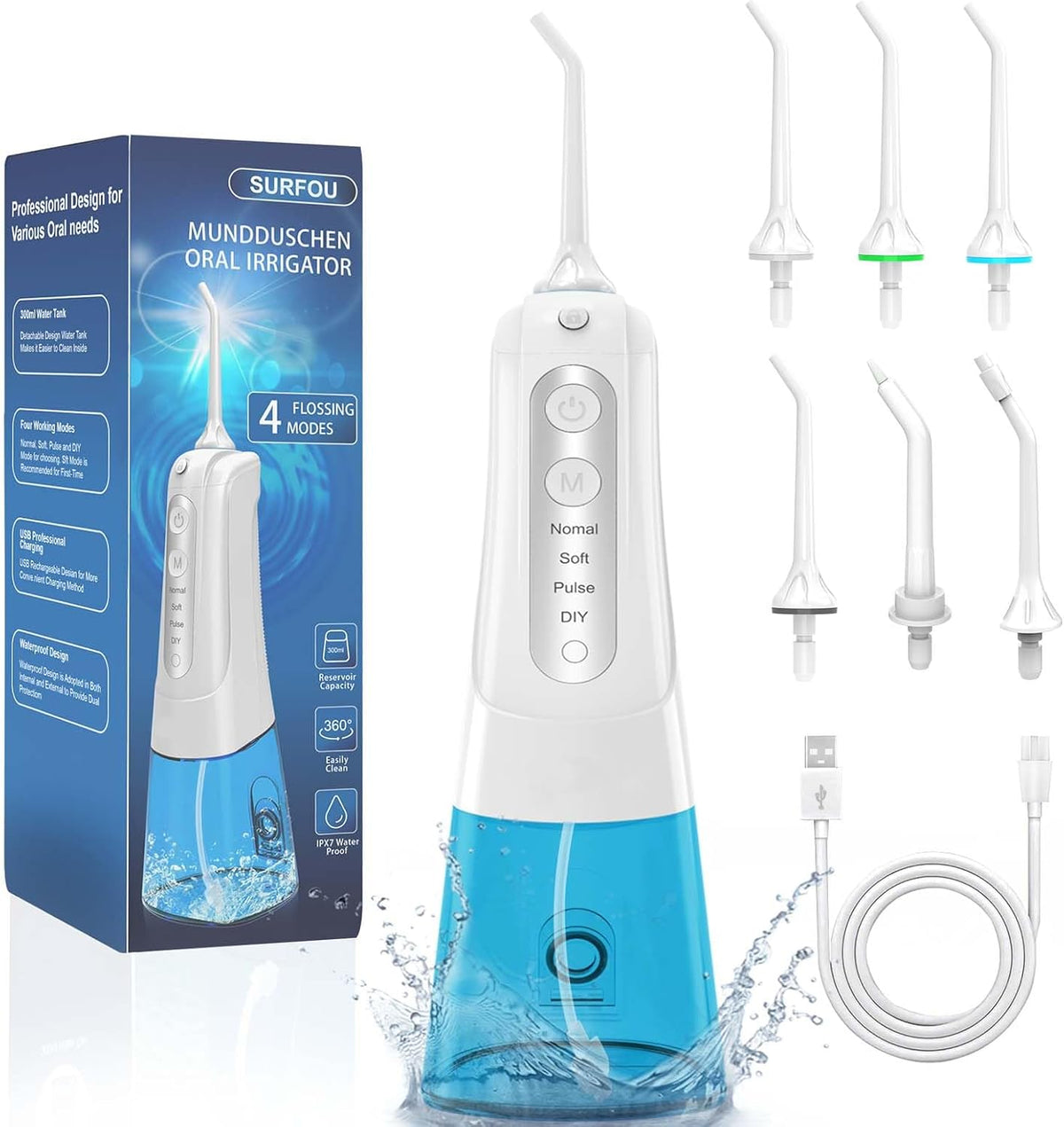 SURFOU Munddusche Kabellos – Elektrischer Water Flosser mit 4 Modi, USB & IPX7