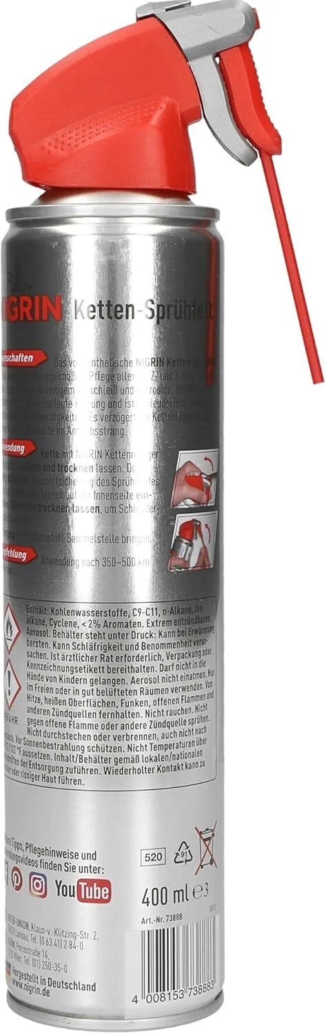 NIGRIN Ketten-Sprühfett 400 ml – vollsynthetisches Motorrad Kettenspray für O-, X- & Z-Ring-Ketten