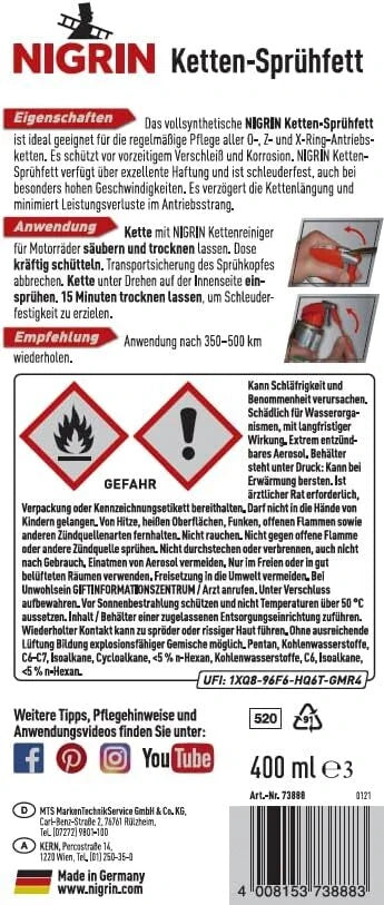 NIGRIN Ketten-Sprühfett 400 ml – vollsynthetisches Motorrad Kettenspray für O-, X- & Z-Ring-Ketten