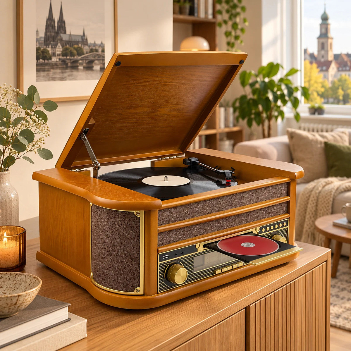 Nostalgie Holz Musikanlage – Retro Stereoanlage mit Plattenspieler, CD-Player, USB, Radio & Bluetooth