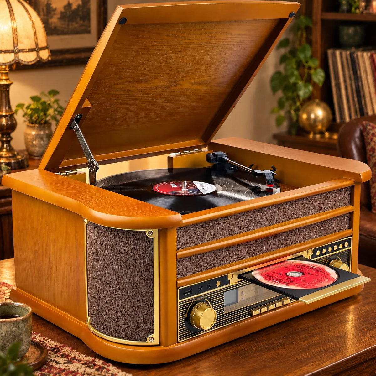 Nostalgie Holz Musikanlage – Retro Stereoanlage mit Plattenspieler, CD-Player, USB, Radio & Bluetooth