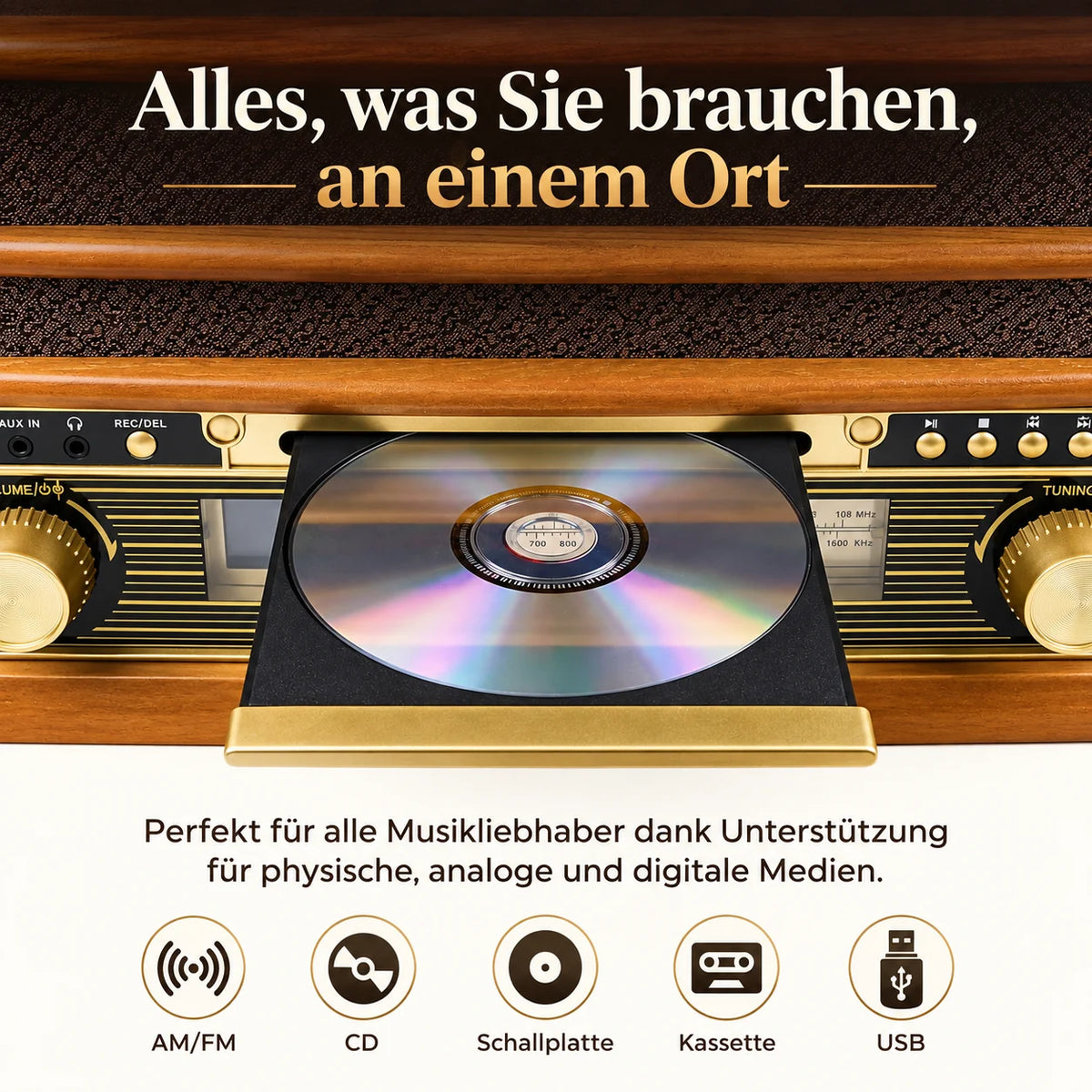 Nostalgie Holz Musikanlage – Retro Stereoanlage mit Plattenspieler, CD-Player, USB, Radio & Bluetooth