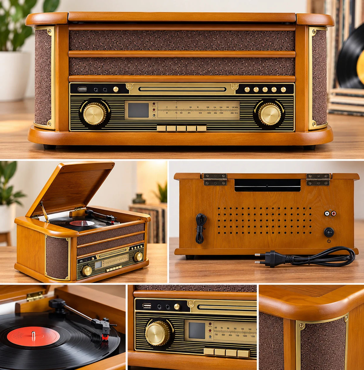 Nostalgie Holz Musikanlage – Retro Stereoanlage mit Plattenspieler, CD-Player, USB, Radio & Bluetooth