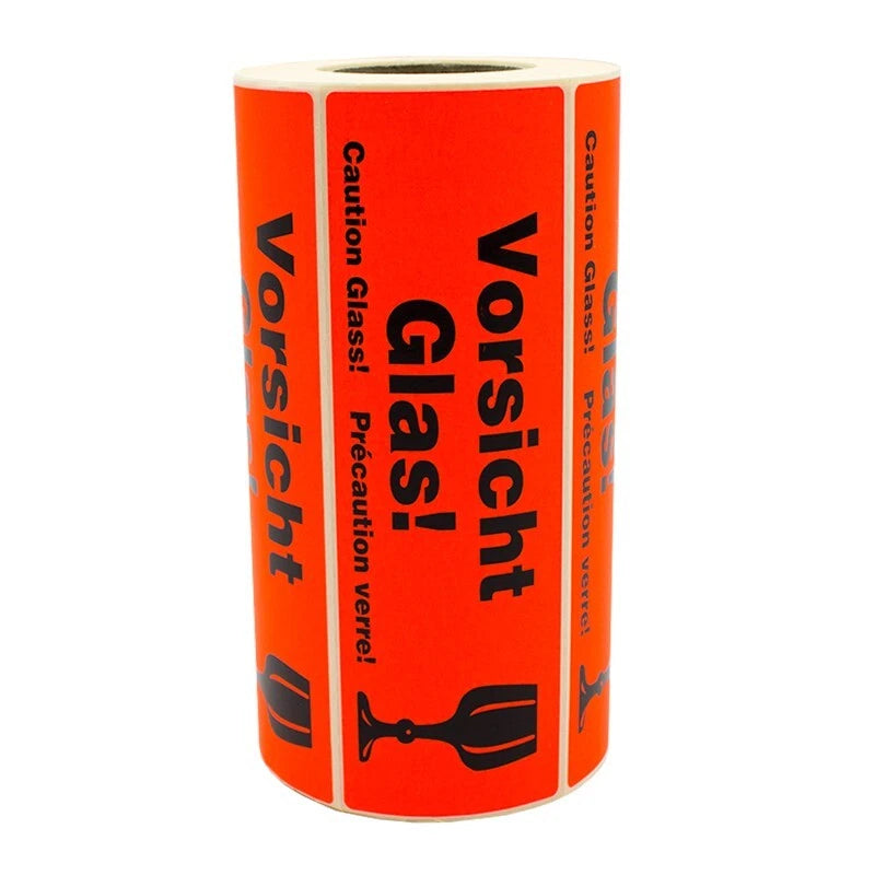 50× Warnetiketten „VORSICHT GLAS“ – 150 × 48 mm, Neonorange, starke Haftung
