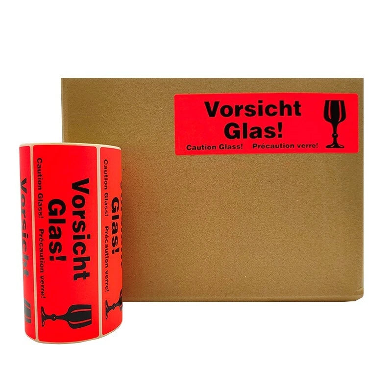 50× Warnetiketten „VORSICHT GLAS“ – 150 × 48 mm, Neonorange, starke Haftung