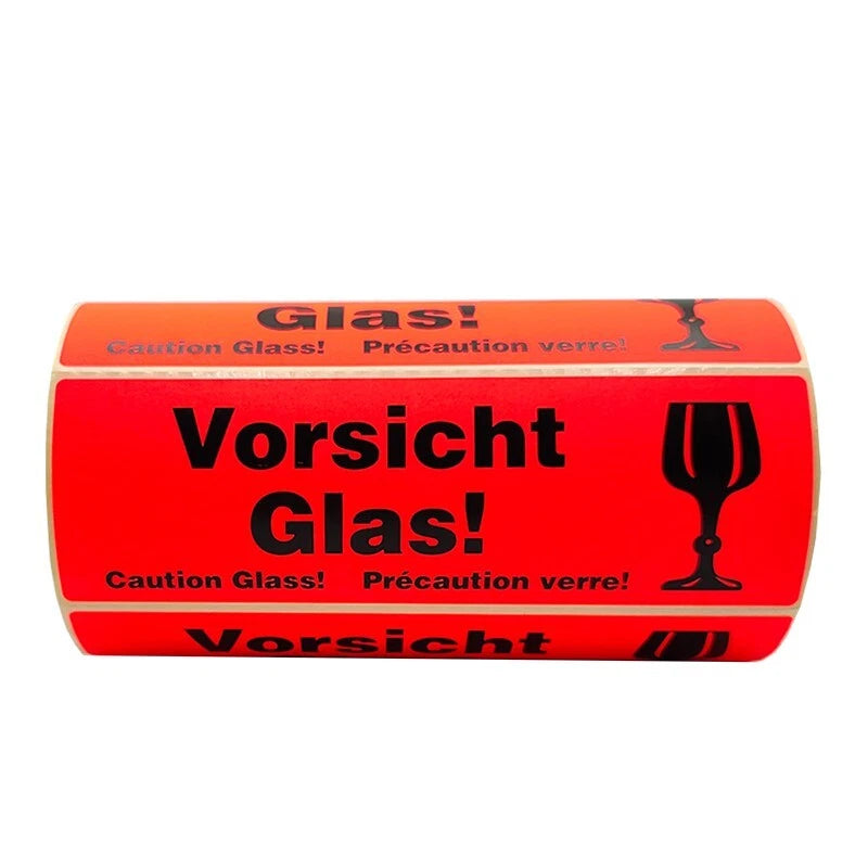 50× Warnetiketten „VORSICHT GLAS“ – 150 × 48 mm, Neonorange, starke Haftung