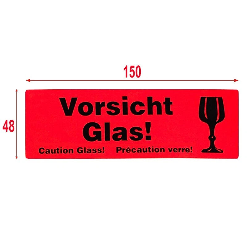 50× Warnetiketten „VORSICHT GLAS“ – 150 × 48 mm, Neonorange, starke Haftung