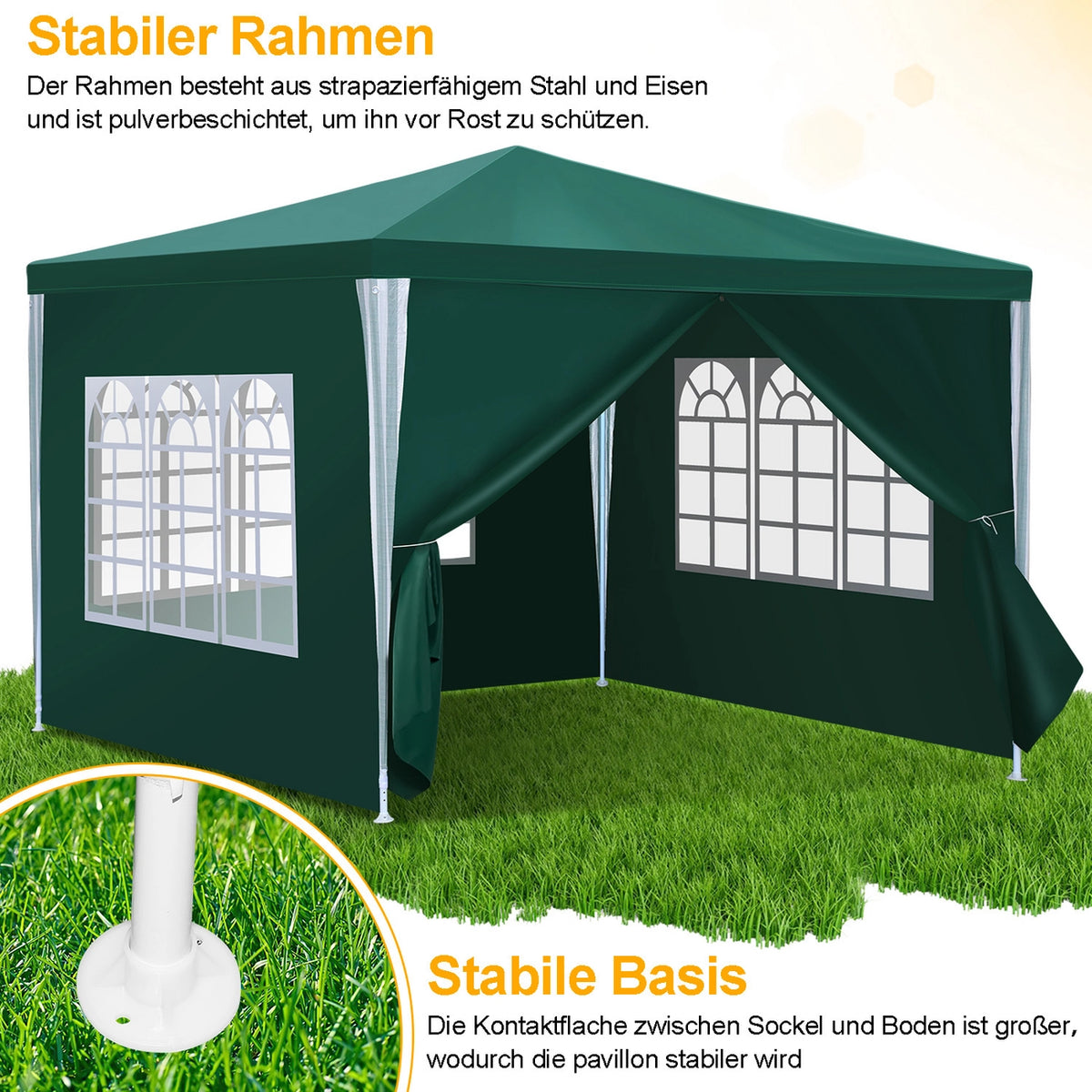 Gartenpavillon 3x3 m Grün mit Seitenwänden – wasserdichtes Partyzelt mit UV-Schutz und Stahlgestell
