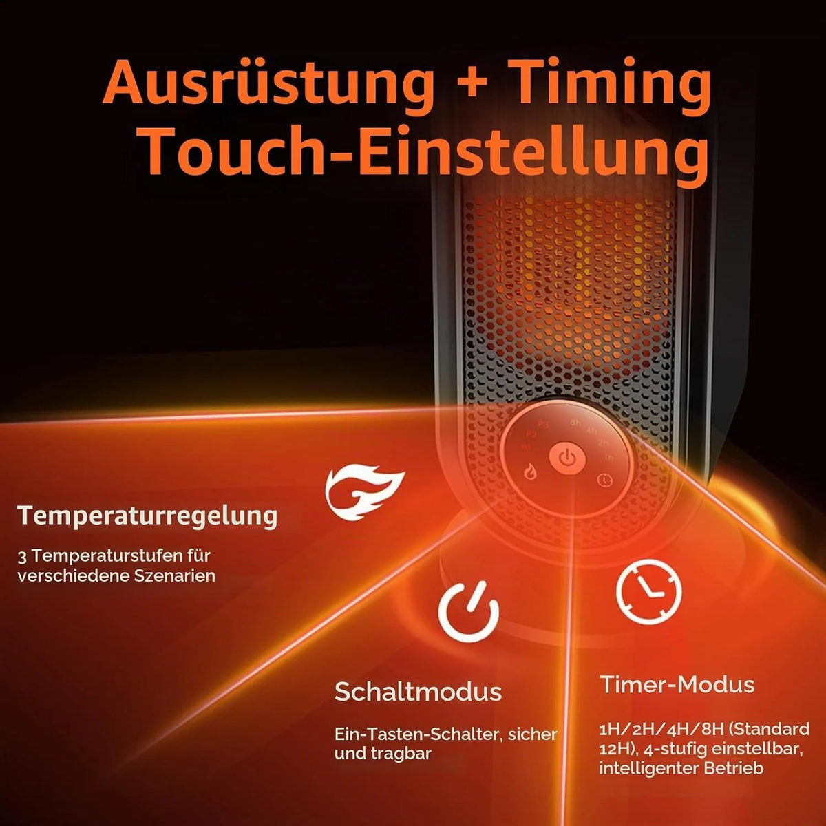 PTC Heizlüfter Keramik 3 Stufen Touch Display 8H Timer Überhitzungsschutz