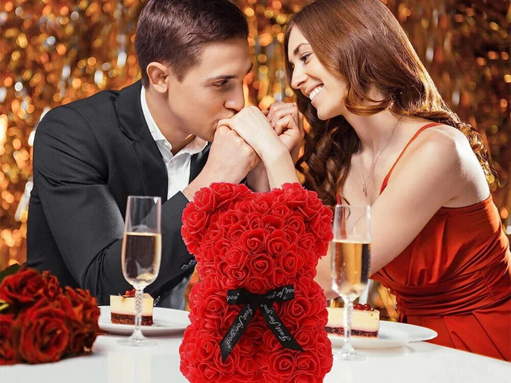 Rosenbär 24 cm mit Herz & Geschenkbox romantisches Geschenk aus Rosen Teddy