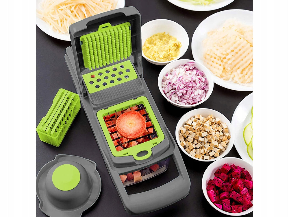 Gemüseschneider Multifunktion mit 6 Klingen und Auffangbehälter – Reibe, Obstschneider, Küchenhobel für Gemüse, Obst, Käse und Eier