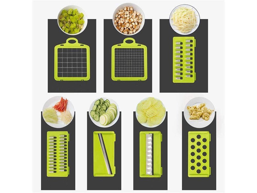 Gemüseschneider Multifunktion mit 6 Klingen und Auffangbehälter – Reibe, Obstschneider, Küchenhobel für Gemüse, Obst, Käse und Eier