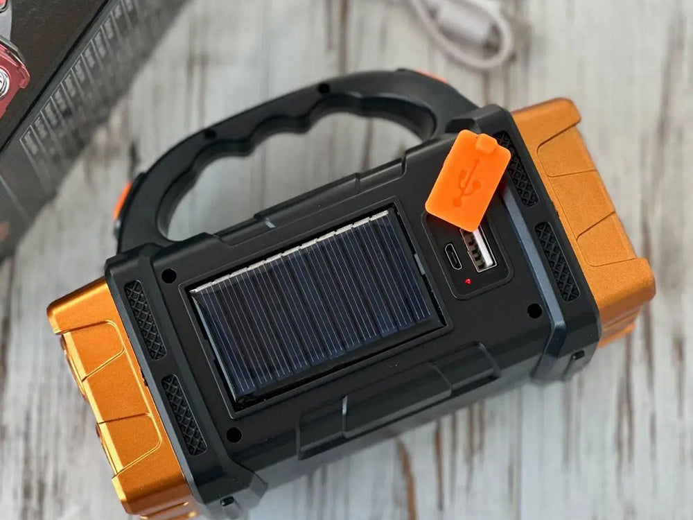 Solar Taschenlampe LED COB mit Powerbank – Wiederaufladbare Campinglampe mit Solarpanel, Notlicht und USB-Ladefunktion