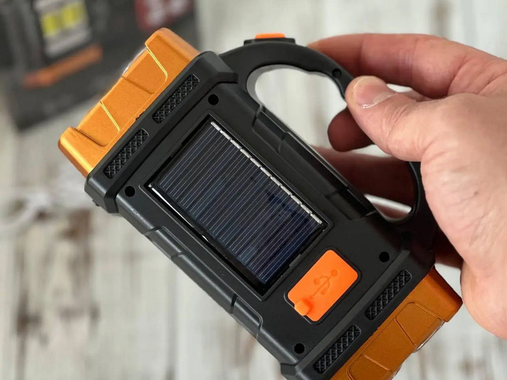 Solar Taschenlampe LED COB mit Powerbank – Wiederaufladbare Campinglampe mit Solarpanel, Notlicht und USB-Ladefunktion
