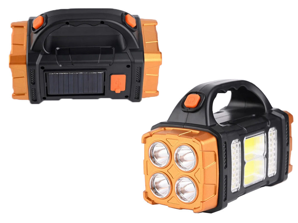 Solar Taschenlampe LED COB mit Powerbank – Wiederaufladbare Campinglampe mit Solarpanel, Notlicht und USB-Ladefunktion