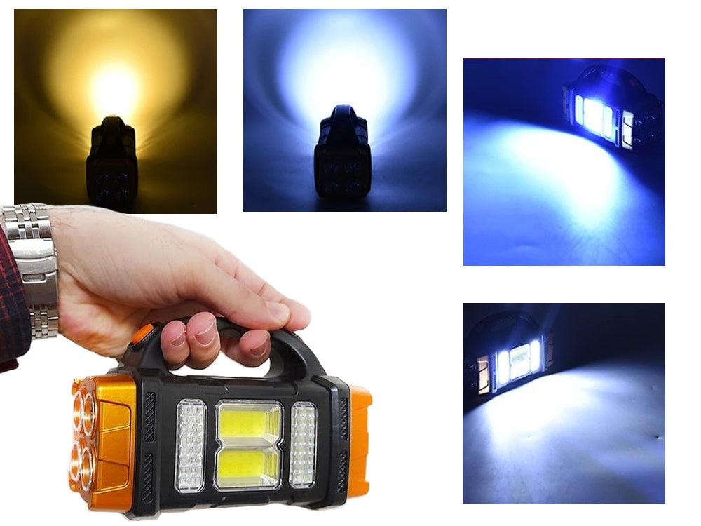 Solar Taschenlampe LED COB mit Powerbank – Wiederaufladbare Campinglampe mit Solarpanel, Notlicht und USB-Ladefunktion