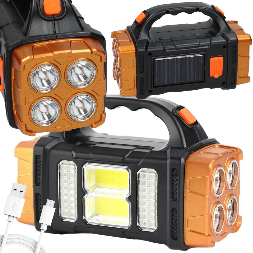 Solar Taschenlampe LED COB mit Powerbank – Wiederaufladbare Campinglampe mit Solarpanel, Notlicht und USB-Ladefunktion