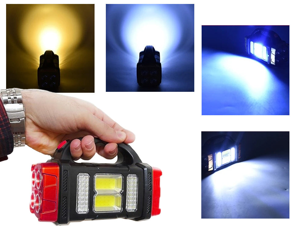 Solar Taschenlampe LED COB mit Powerbank – Wiederaufladbare Campinglampe mit Solarpanel, Notlicht und USB-Ladefunktion