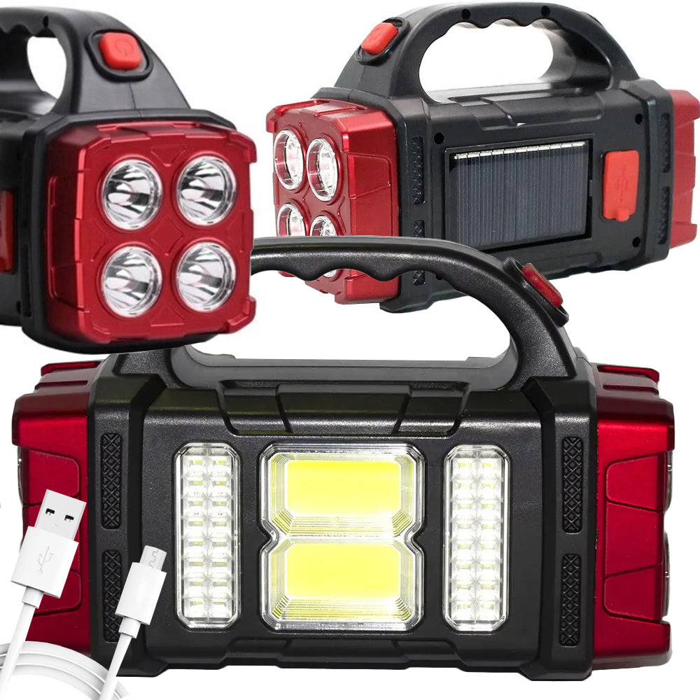 Solar Taschenlampe LED COB mit Powerbank – Wiederaufladbare Campinglampe mit Solarpanel, Notlicht und USB-Ladefunktion