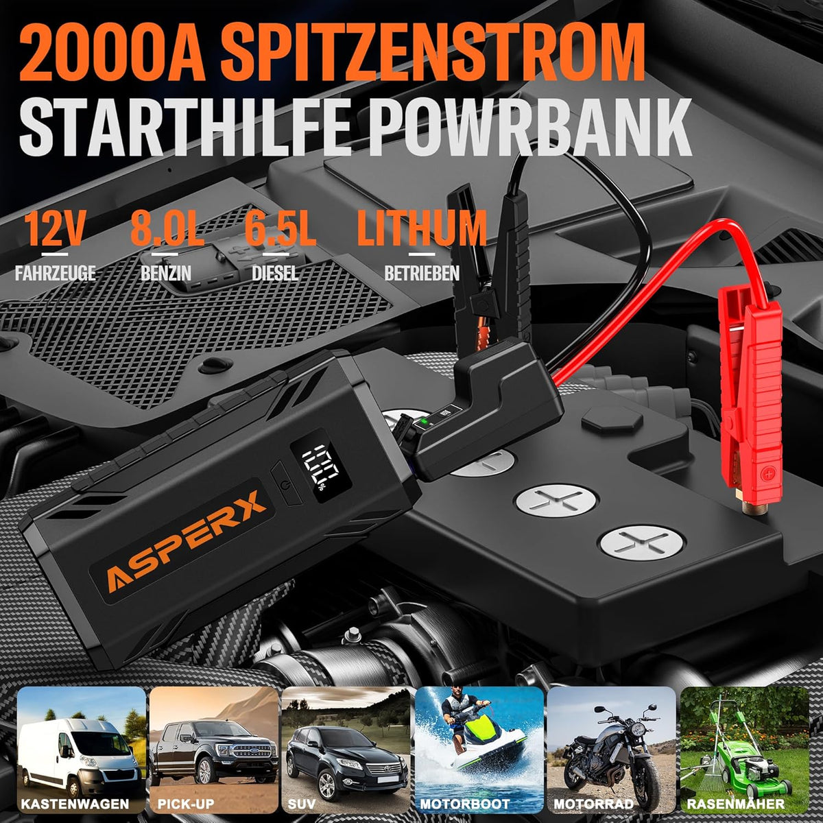 Auto Starthilfe Powerbank 2000A – 12V Booster mit LED, USB Powerbank & Sicherheitsfunktionen für Benzin- und Dieselfahrzeuge