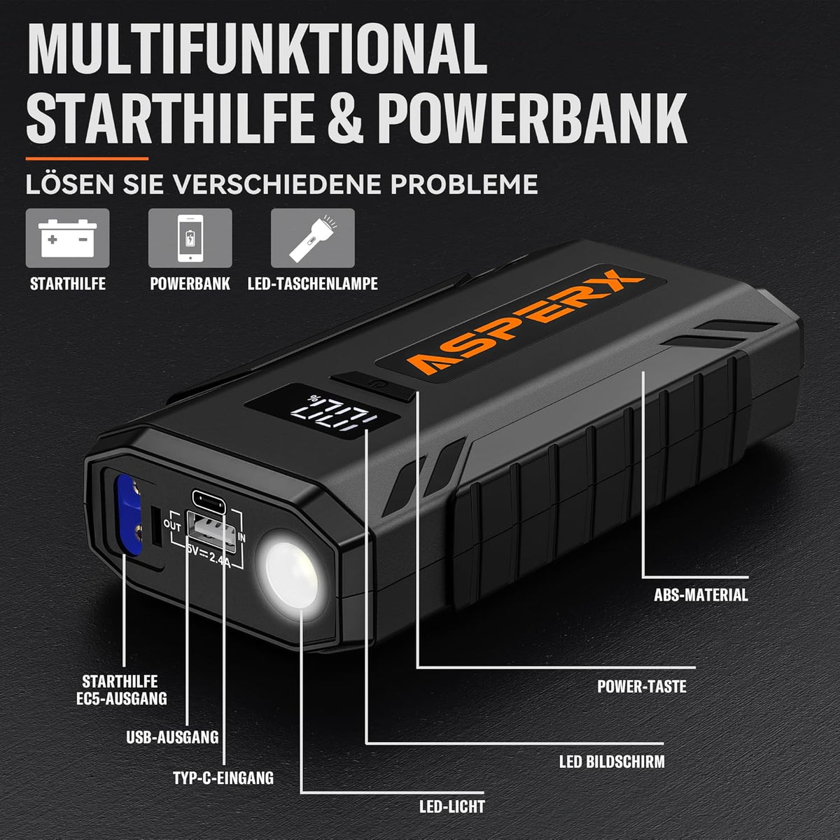 Auto Starthilfe Powerbank 2000A – 12V Booster mit LED, USB Powerbank & Sicherheitsfunktionen für Benzin- und Dieselfahrzeuge
