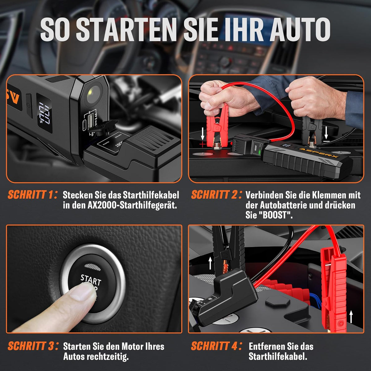 Auto Starthilfe Powerbank 2000A – 12V Booster mit LED, USB Powerbank & Sicherheitsfunktionen für Benzin- und Dieselfahrzeuge