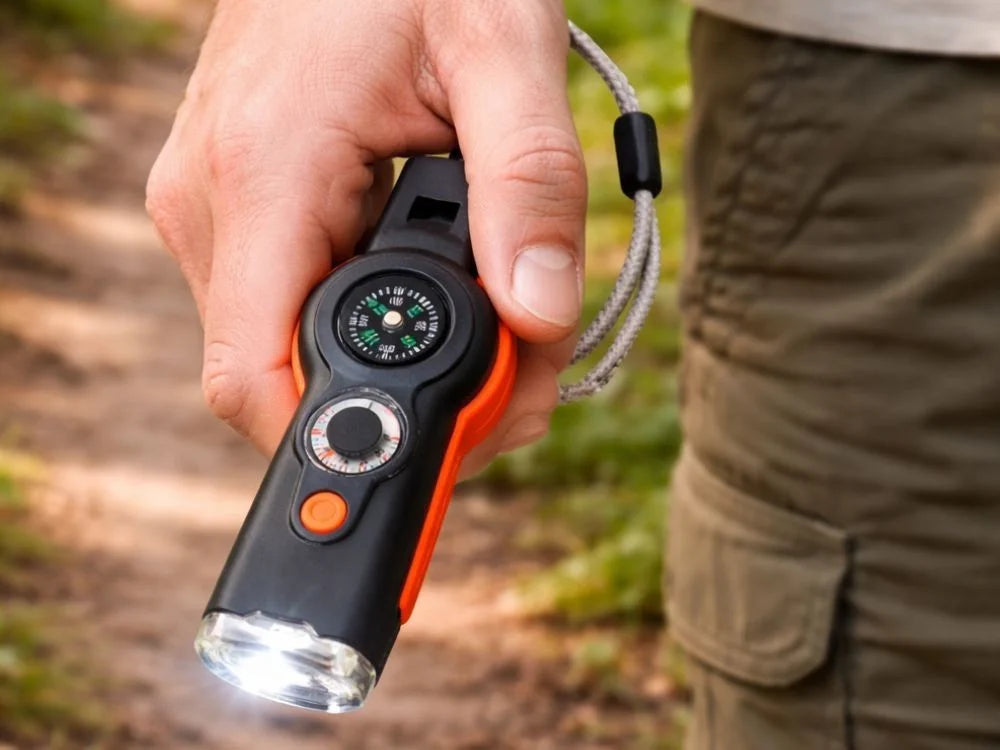 Survival Pfeife 6in1 mit Kompass, Taschenlampe, Thermometer, Lupe & Spiegel – Outdoor Multifunktionswerkzeug