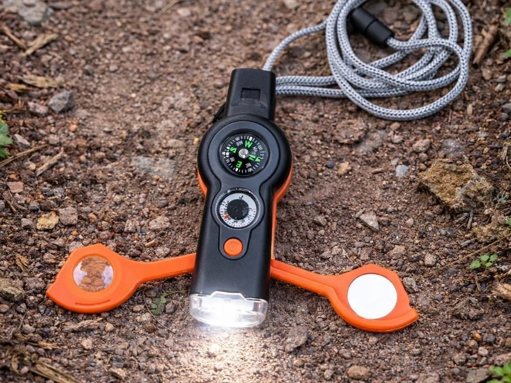 Survival Pfeife 6in1 mit Kompass, Taschenlampe, Thermometer, Lupe & Spiegel – Outdoor Multifunktionswerkzeug