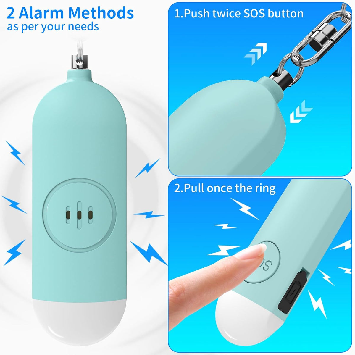 Wiederaufladbarer Taschenalarm 130 dB mit LED Licht – Persönlicher Notfallalarm mit USB-C – Weiß oder Grün