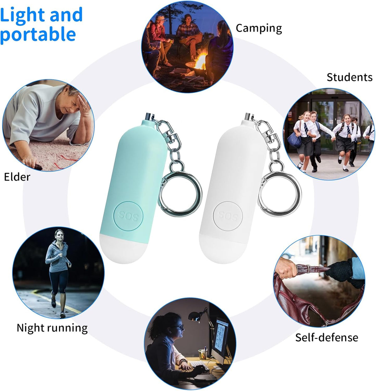 Wiederaufladbarer Taschenalarm 130 dB mit LED Licht – Persönlicher Notfallalarm mit USB-C – Weiß oder Grün