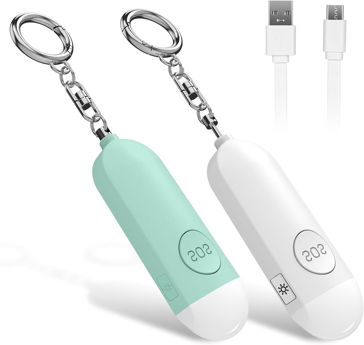 Wiederaufladbarer Taschenalarm 130 dB mit LED Licht – Persönlicher Notfallalarm mit USB-C – Weiß oder Grün