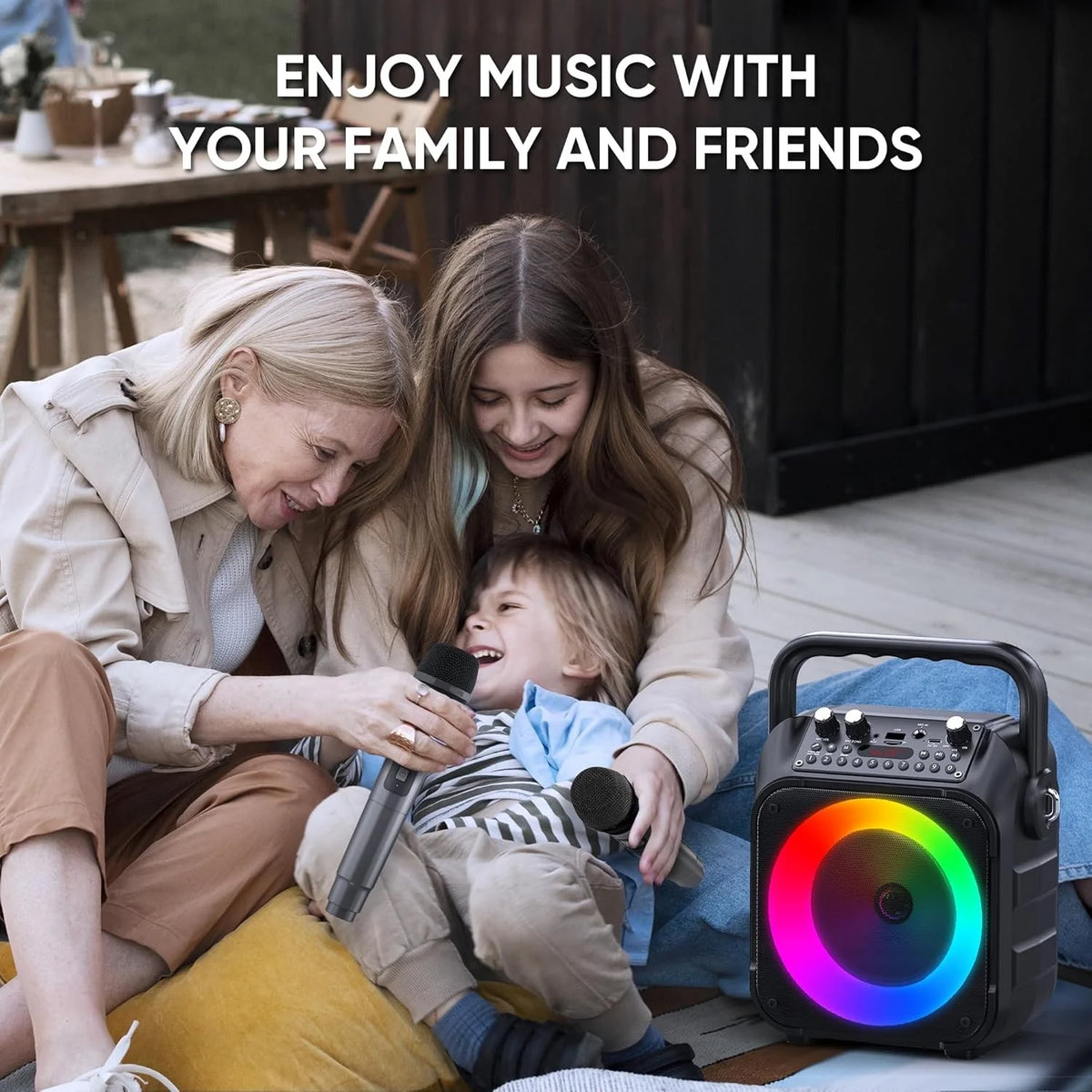 Tragbare Karaoke Maschine mit 2 Kabellosen Mikrofonen & LED – Bluetooth Lautsprecher schwarz