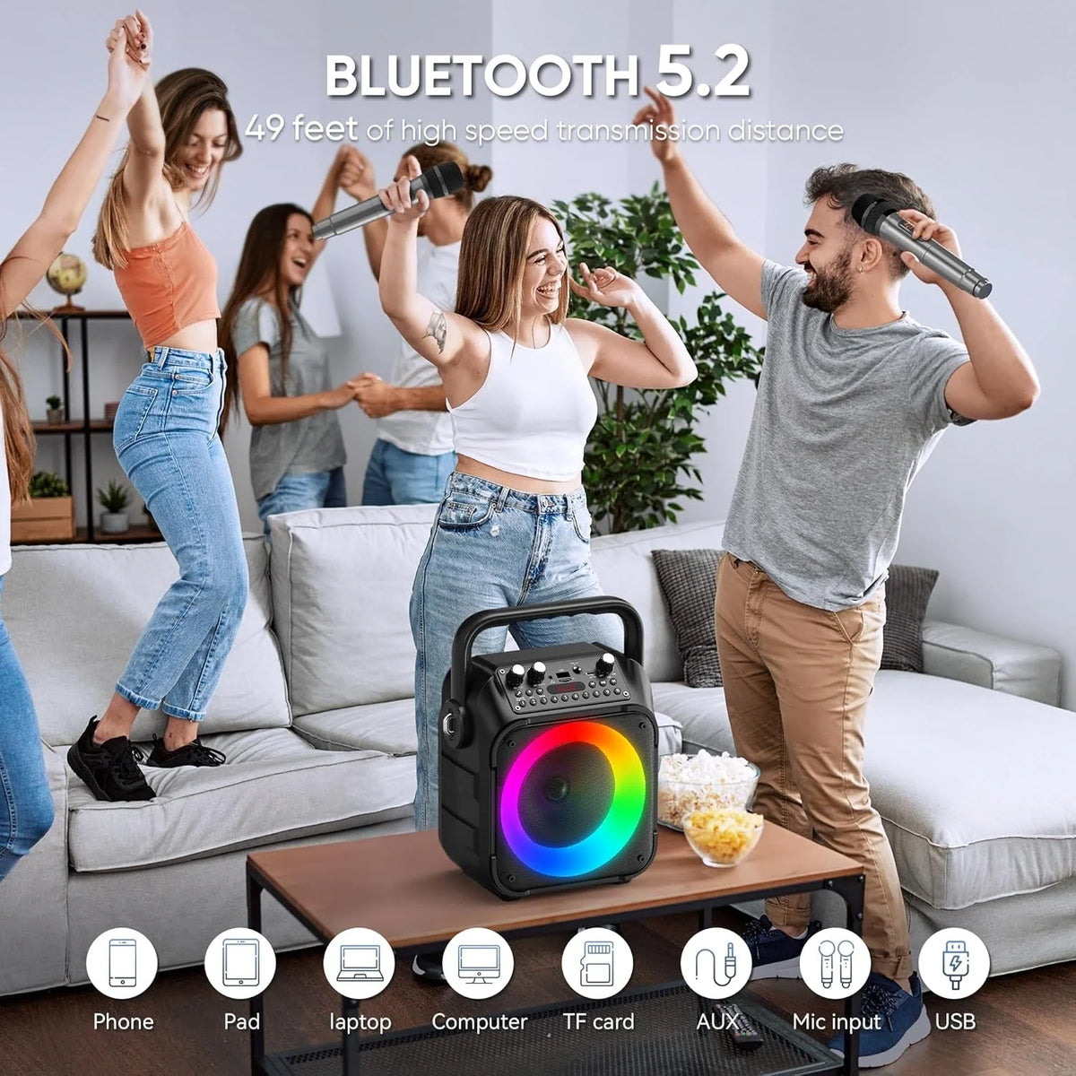 Tragbare Karaoke Maschine mit 2 Kabellosen Mikrofonen & LED – Bluetooth Lautsprecher schwarz