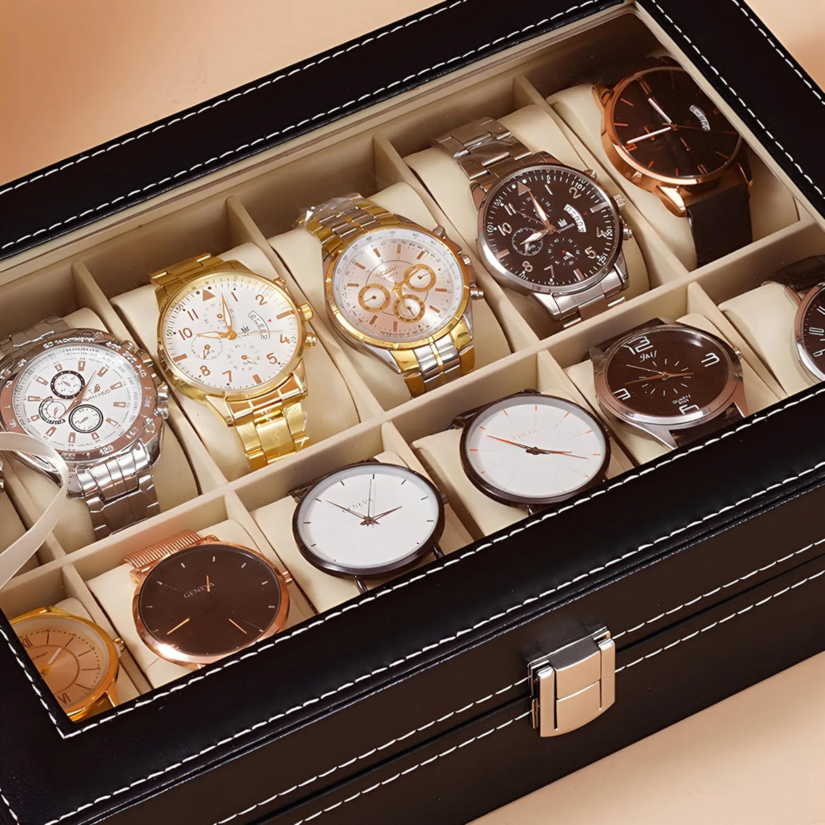 Uhrenbox für 10 Uhren – schwarzer Uhrenkoffer aus PU mit Sichtfenster, Uhrenetui Organizer und Geschenkbox