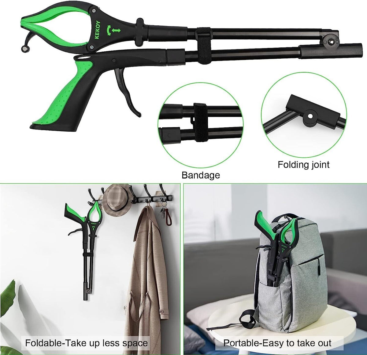 Greifzange mit Licht 80cm – Drehbare Faltbare Aluminium Müllzange mit Magnet, Ergonomische Greifhilfe für Senioren und Abfallsammlung - ORANGE