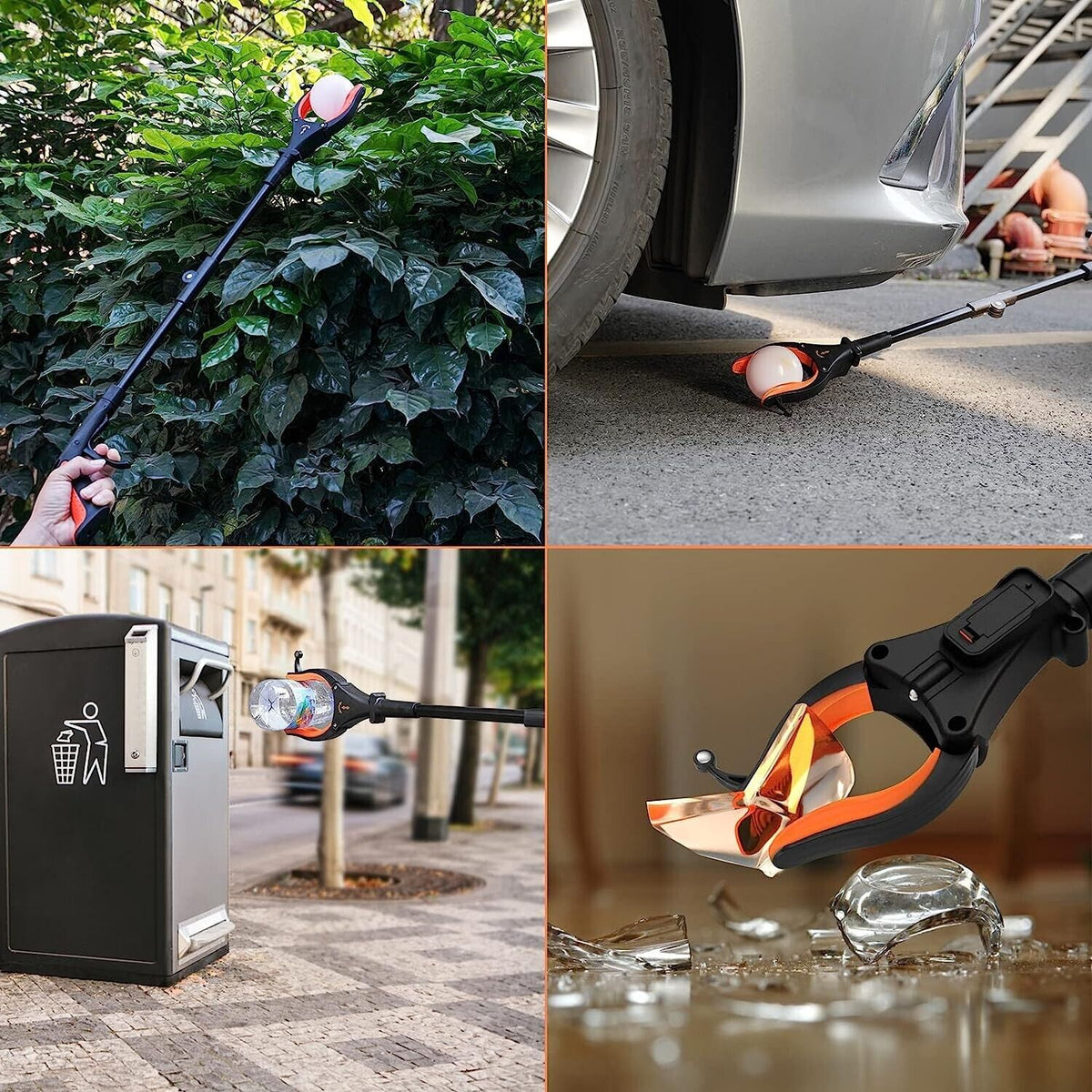 Greifzange mit Licht 80cm – Drehbare Faltbare Aluminium Müllzange mit Magnet, Ergonomische Greifhilfe für Senioren und Abfallsammlung - ORANGE