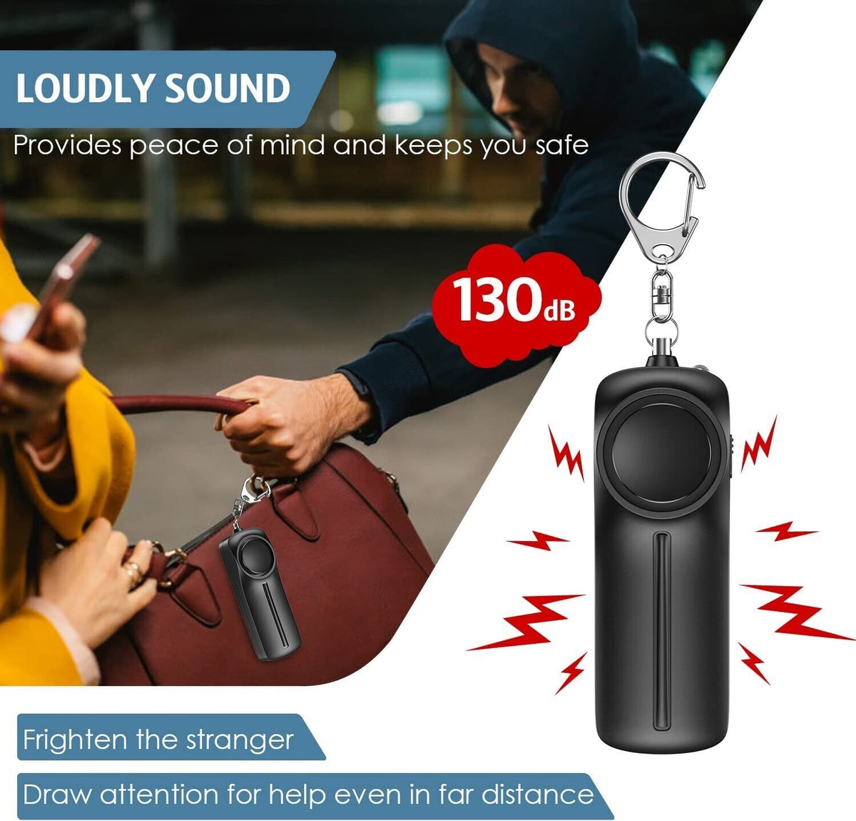 Wiederaufladbarer Taschenalarm 130 dB mit LED Licht – Persönlicher Notfallalarm mit USB-C – Weiß oder Grün