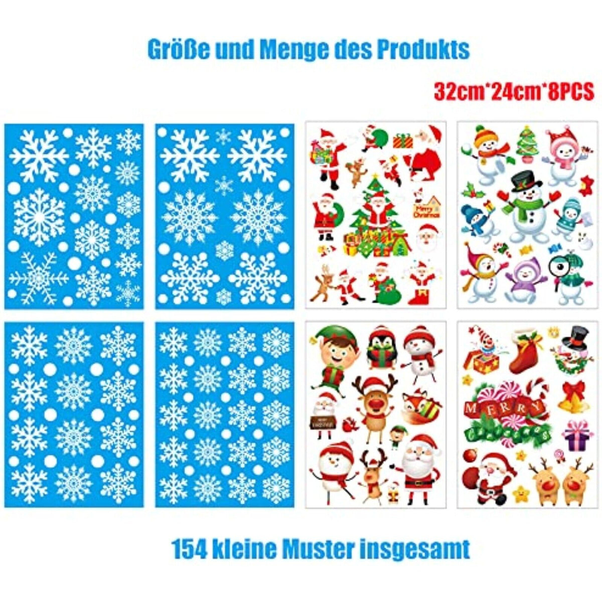 154 Stück Weihnachten Schneeflocken Fensterbilder – Selbsthaftende Fenstersticker, 8 Bögen, Weiß, Statische Haftung